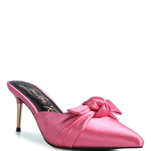 Chic Pink Satin Mule Heels with Bow Sizes 8 - Picture 1 of 6